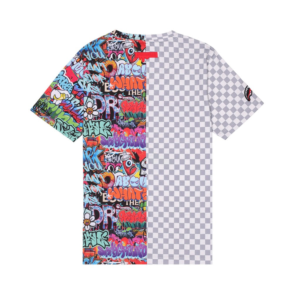 T-shirt Sprayground Grigia Bi-Color con Stampa Grafica Multicolor SPY1407