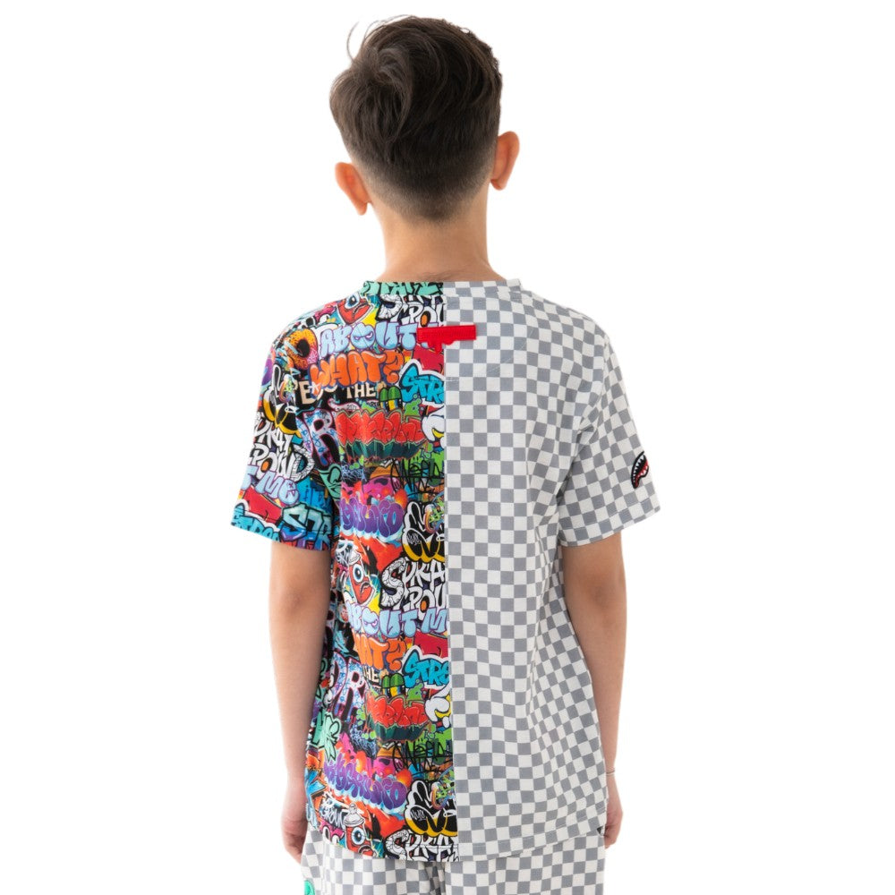 T-shirt Sprayground Grigia Bi-Color con Stampa Grafica Multicolor SPY1407