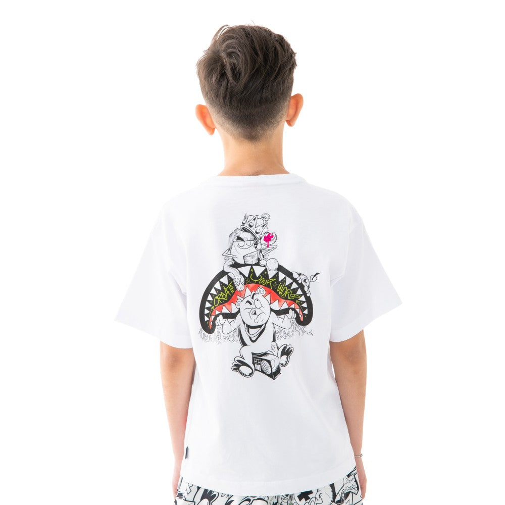 T-shirt Sprayground Bianca con Grafica Frontale Multicolor SPY1414WHT