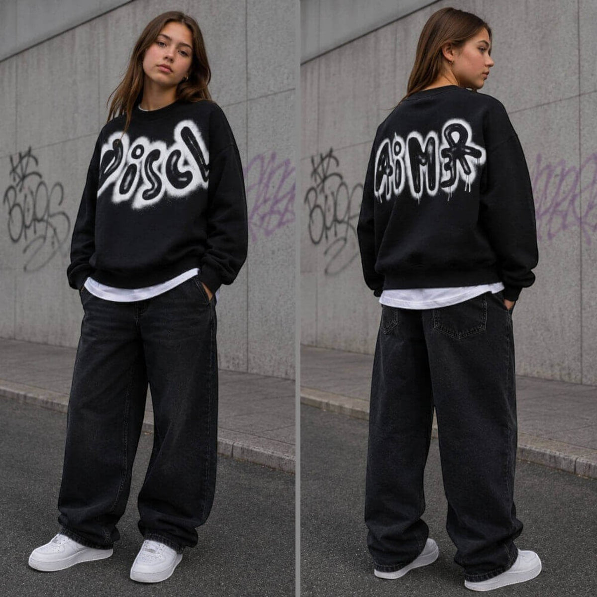 Selva Kids Altamura Disclaimer black crewneck sweatshirt with graffiti logo on front and back worn by a girl